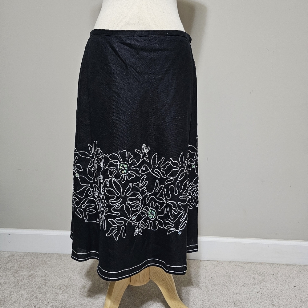 Rafaella Petites Black Linen Embroidered Beaded Midi Skirt Size 10P